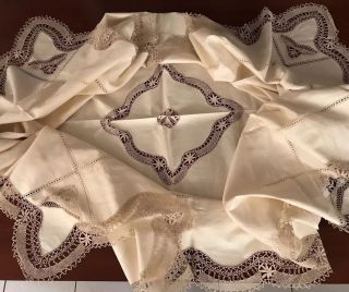 Vintage Large Drawn Work Needlework Lace Cream Linen Tablecloth 63x92”
