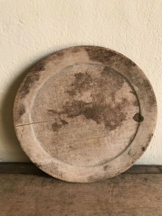 Early Antique Handmade Wooden Treen Plate Aafa Country Patina 6.  75 Inch Worn
