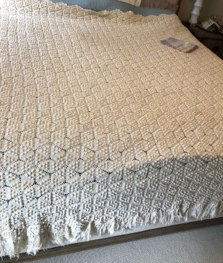 Antique Hand Crocheted Cotton Bed Cover Bedspread 86” X 79”,  Fringe On 3 Sides