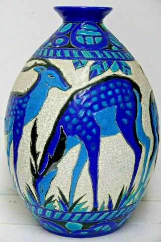 Stunning Large Art Deco Boch Freres Blue Deer Vase Iconic Design Extremely Rare
