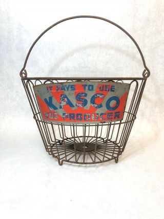 Vintage Kasco Feed Advertising Plate On Metal Wire Egg Basket National Ideal
