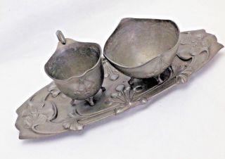 Antique Art Nouveau Pretty Pewter Sugar Bowl & Cream Jug On Stand