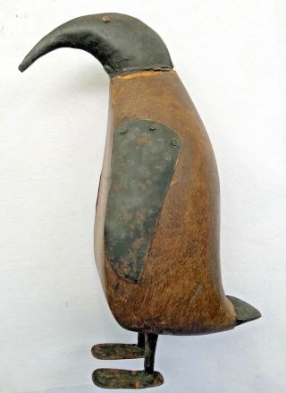 Vintage Folk Art Penguin Carved Wood & Metal Hand Made Primitive