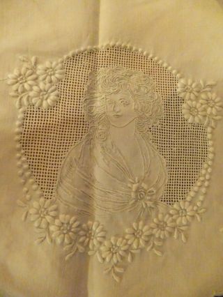 Antique Linen Appenzell Embroidered Cameo 24.  5 " Round Table Heirloom Switzerland