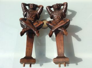 19thc Gothic Oak carved cross - Legged bearded Goblin jester figure C1900s 12