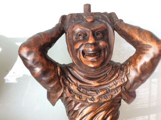 19thc Gothic Oak carved cross - Legged bearded Goblin jester figure C1900s 4
