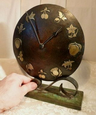 Antique Art Deco Hammered Copper Mantel Clock Brass Fruit Numeral Cast Iron Base 12