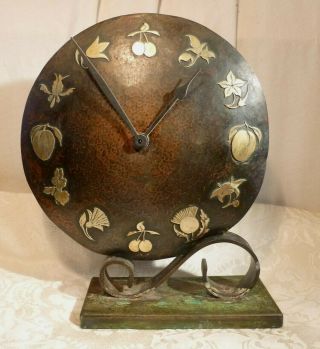 Antique Art Deco Hammered Copper Mantel Clock Brass Fruit Numeral Cast Iron Base