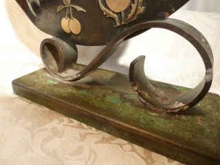 Antique Art Deco Hammered Copper Mantel Clock Brass Fruit Numeral Cast Iron Base 3