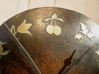 Antique Art Deco Hammered Copper Mantel Clock Brass Fruit Numeral Cast Iron Base 4