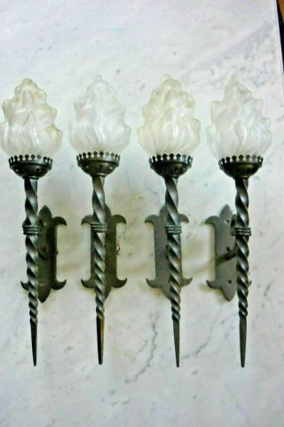 Set 4 French Cast Iron Gothic Castle Flame Shade Sconces Wall Lights 1950
