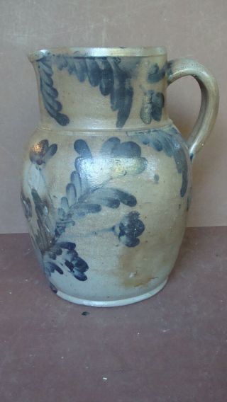 19 C saltglaze stoneware 1 1/2 gallon pitcher w extensive cobalt,  Remmey 3