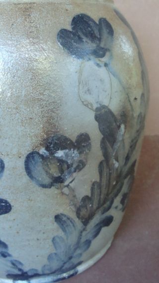 19 C saltglaze stoneware 1 1/2 gallon pitcher w extensive cobalt,  Remmey 7