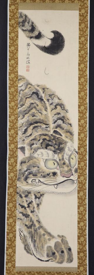 Japanese Hanging Scroll Art Painting Catty Tiger Nekotora Asian Antique E7534