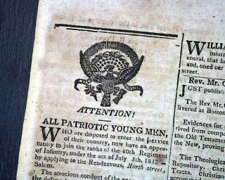Recruitment Recruiting Troops Men For War Of 1812 In 1813 Old Salem Ma Newspaper