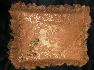 Fab Antique French Brussels Lace On Dust Peach Silk Boudoir Cushion Throw Pillow