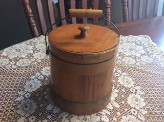 Vintage Wood Firkin Bucket With Lid Small With Metal Band And Swing Handle