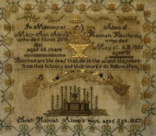 MID 19TH CENTURY MEMORIAL SAMPLER BY SARAH HANNAH ALSOP - AGED 11 - 1857 11