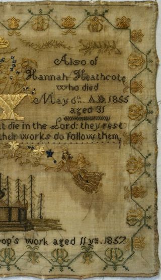 MID 19TH CENTURY MEMORIAL SAMPLER BY SARAH HANNAH ALSOP - AGED 11 - 1857 3
