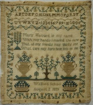 Small Early 19th Century Motif & Verse School Sampler By Mary Havard - 1839