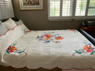 Vintage c1900 Flower Applique Quilt,  Cotton - 88x75 -. 7