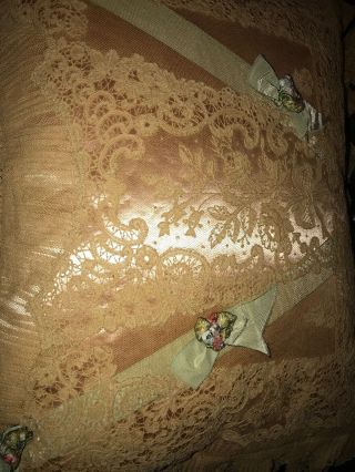 FAB Antique Brussels Lace On Dust Peach Silk Boudoir Cushion w Ribbons,  Ruffles 10