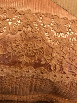 FAB Antique Brussels Lace On Dust Peach Silk Boudoir Cushion w Ribbons,  Ruffles 12