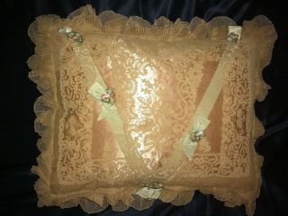 FAB Antique Brussels Lace On Dust Peach Silk Boudoir Cushion w Ribbons,  Ruffles 2
