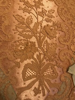 FAB Antique Brussels Lace On Dust Peach Silk Boudoir Cushion w Ribbons,  Ruffles 3
