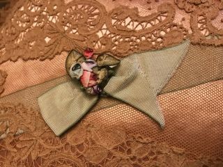 FAB Antique Brussels Lace On Dust Peach Silk Boudoir Cushion w Ribbons,  Ruffles 4