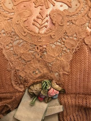 FAB Antique Brussels Lace On Dust Peach Silk Boudoir Cushion w Ribbons,  Ruffles 6