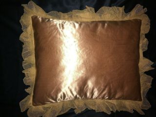 FAB Antique Brussels Lace On Dust Peach Silk Boudoir Cushion w Ribbons,  Ruffles 9
