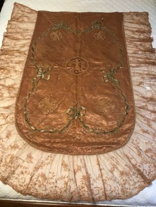 Antique French Dusty Peach Silk Handmade Embroidery Lace Bebe Boudoir Bed Cover