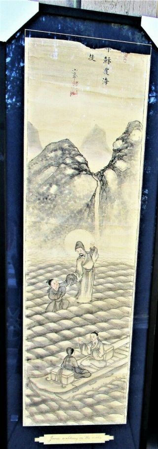 Scarce Chinese Christian Scroll Painting Christ W Chinese Features Walk On Water