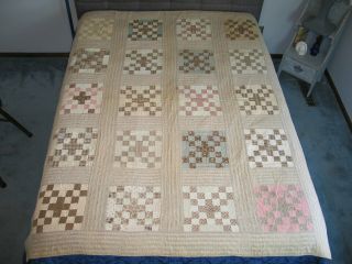 Antique C1800s Nine Patch Quilt Signed 1800s Prints - Hand Quilted 74 By 58 Inches