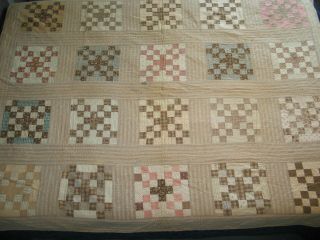 Antique c1800s Nine Patch Quilt Signed 1800s Prints - Hand Quilted 74 by 58 inches 3