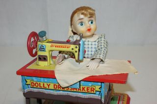 Vintage Nomura TN Japan Tin Battery Op Dolly Seamstress Dressmaker w/OB EX L@@K 9