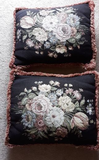 Vintage Two Aubusson Wool Black Needlepoint Decorative Floral Tapestry Pillow