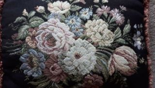 Vintage two Aubusson Wool Black Needlepoint Decorative Floral Tapestry Pillow 2