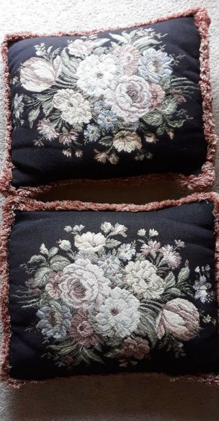 Vintage two Aubusson Wool Black Needlepoint Decorative Floral Tapestry Pillow 4