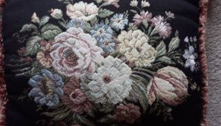 Vintage two Aubusson Wool Black Needlepoint Decorative Floral Tapestry Pillow 6