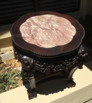 MAGNIFICENT ANTQ CHINESE ASIAN CARVED ROSEWOOD w SALMON MARBLE TOP TABLE / STAND 2