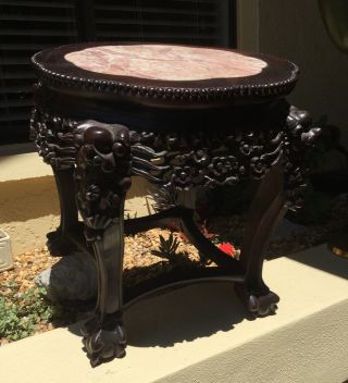 MAGNIFICENT ANTQ CHINESE ASIAN CARVED ROSEWOOD w SALMON MARBLE TOP TABLE / STAND 8