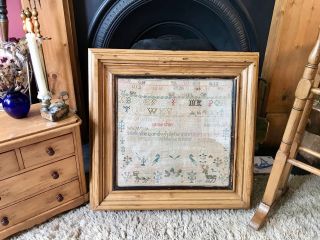 Fabulous Antique Vintage Victorian Sampler In Pine Frame