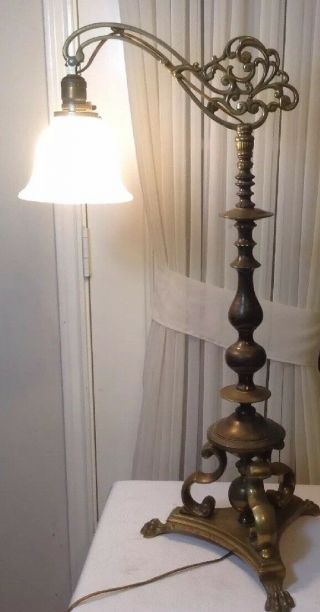 Antique Hubley 391A Art Bridge Brass Table Lamp w/Frosted Glass Shade 10