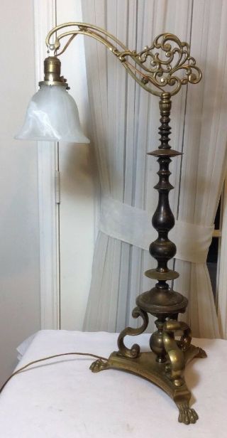 Antique Hubley 391A Art Bridge Brass Table Lamp w/Frosted Glass Shade 2
