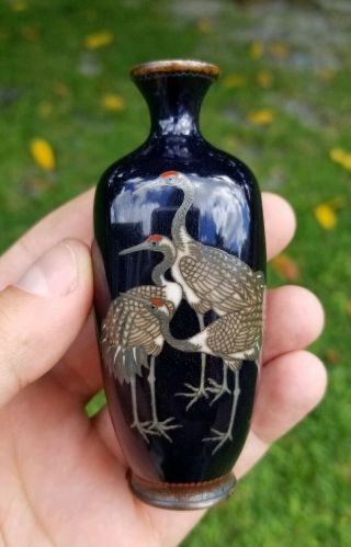 Antique Exquisite Miniature Japanese Silver Wire Cloisonne Vase With Cranes