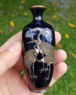 Antique Exquisite Miniature Japanese Silver Wire Cloisonne Vase With Cranes 6