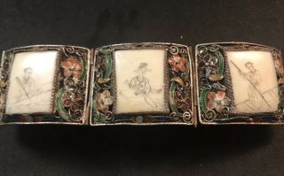 Antique Chinese Silver Filigree Bracelet With Carved Bone.  Qinglong Period 1920s