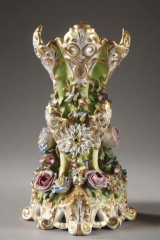 PAIR JACOB PETIT Porcelain Vases relief floral decor 19thc marked 11